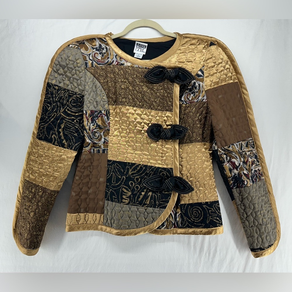 Jeanne Marc Collection‎ Jacket Vtg 80s Size S Patchwork Quilted Art Gold Black